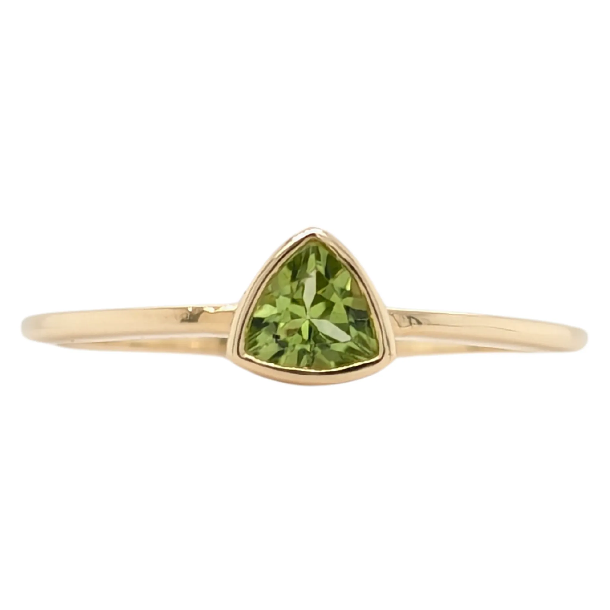 10K Yellow Trillian Peridot Bezel Set Ring