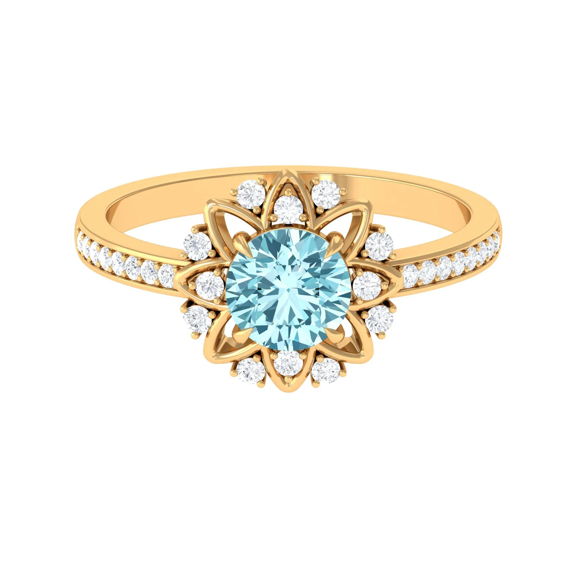 1.25 CT Aquamarine Floral Engagement Ring with Diamond Side Stones