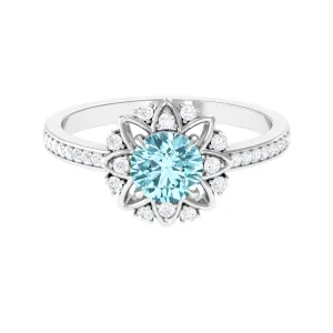 1.25 CT Aquamarine Floral Engagement Ring with Diamond Side Stones