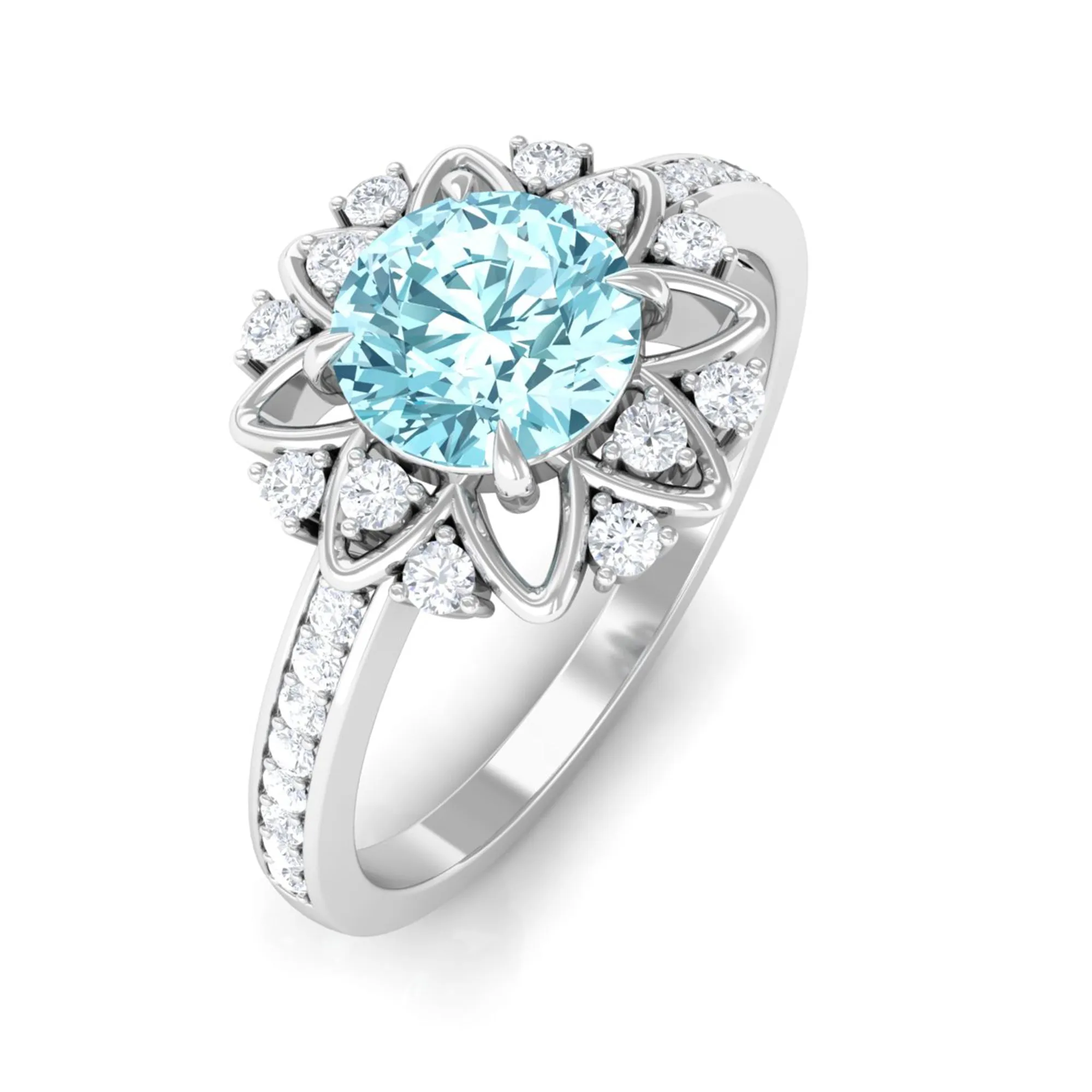 1.25 CT Aquamarine Floral Engagement Ring with Diamond Side Stones