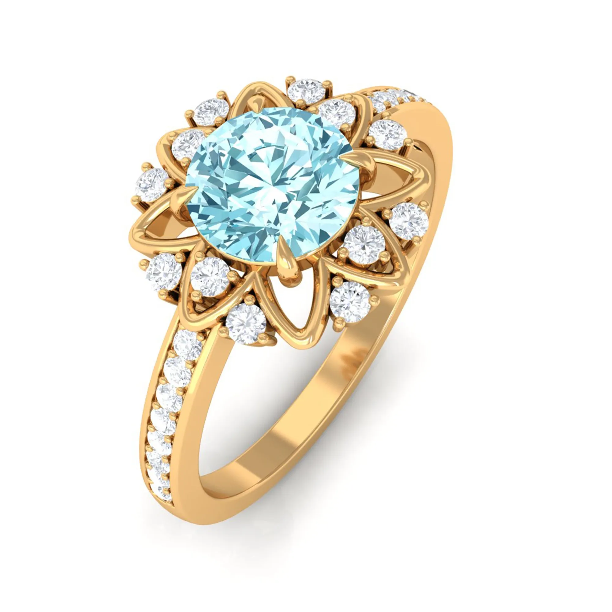 1.25 CT Aquamarine Floral Engagement Ring with Diamond Side Stones