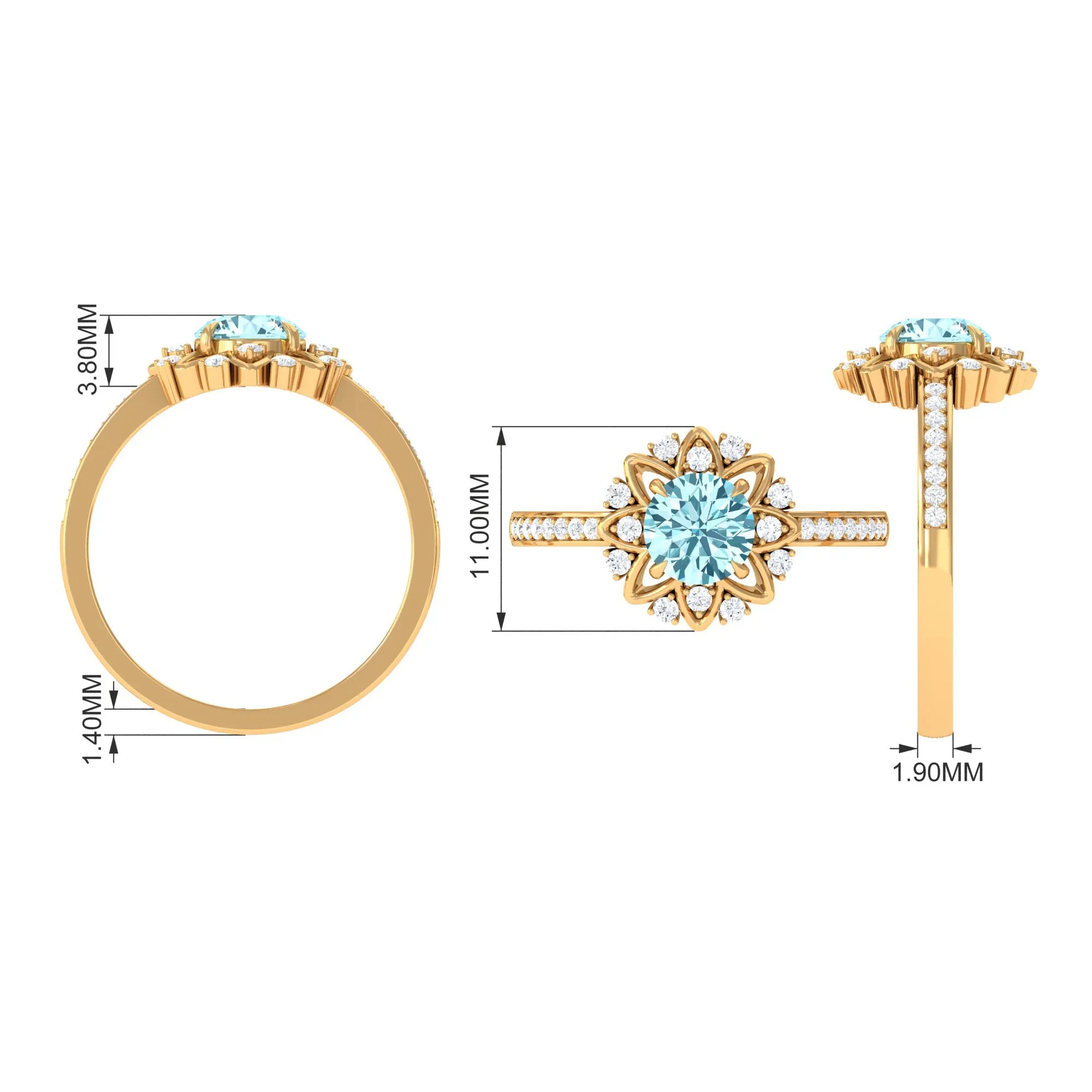 1.25 CT Aquamarine Floral Engagement Ring with Diamond Side Stones