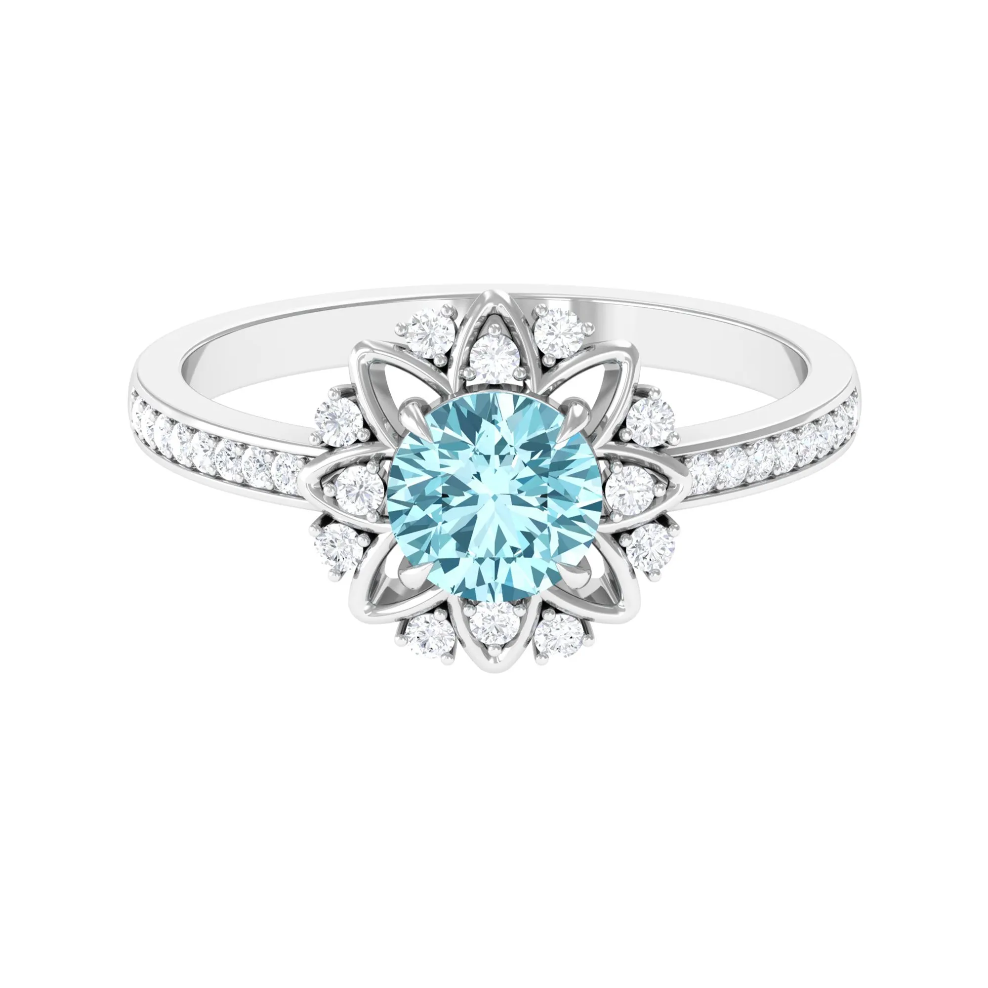 1.25 CT Aquamarine Floral Engagement Ring with Diamond Side Stones