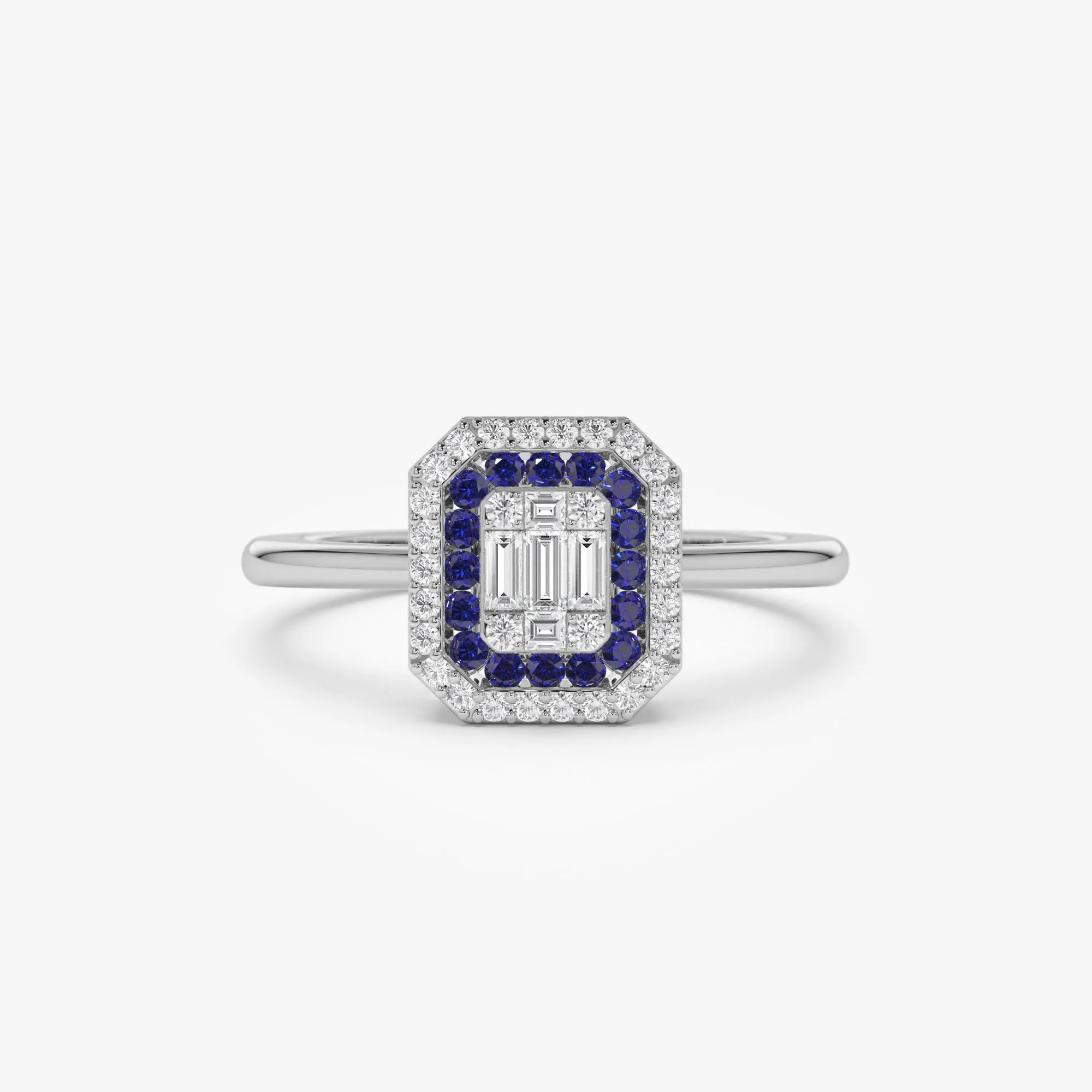 14k Baguette and Round Sapphire Ring with Halo Setting