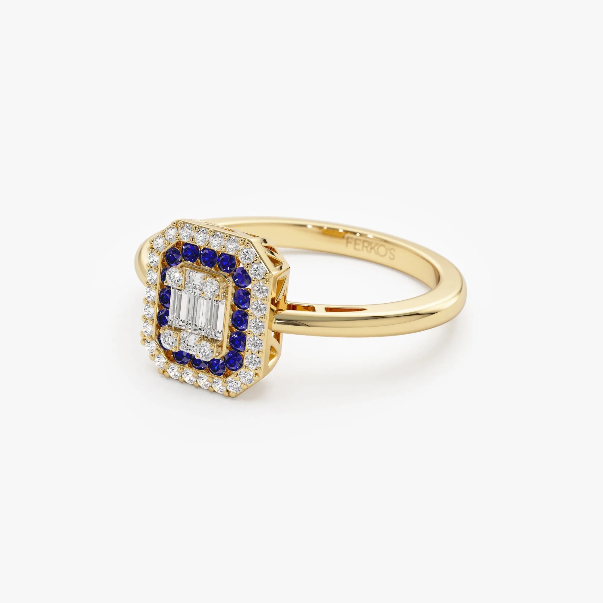 14k Baguette and Round Sapphire Ring with Halo Setting