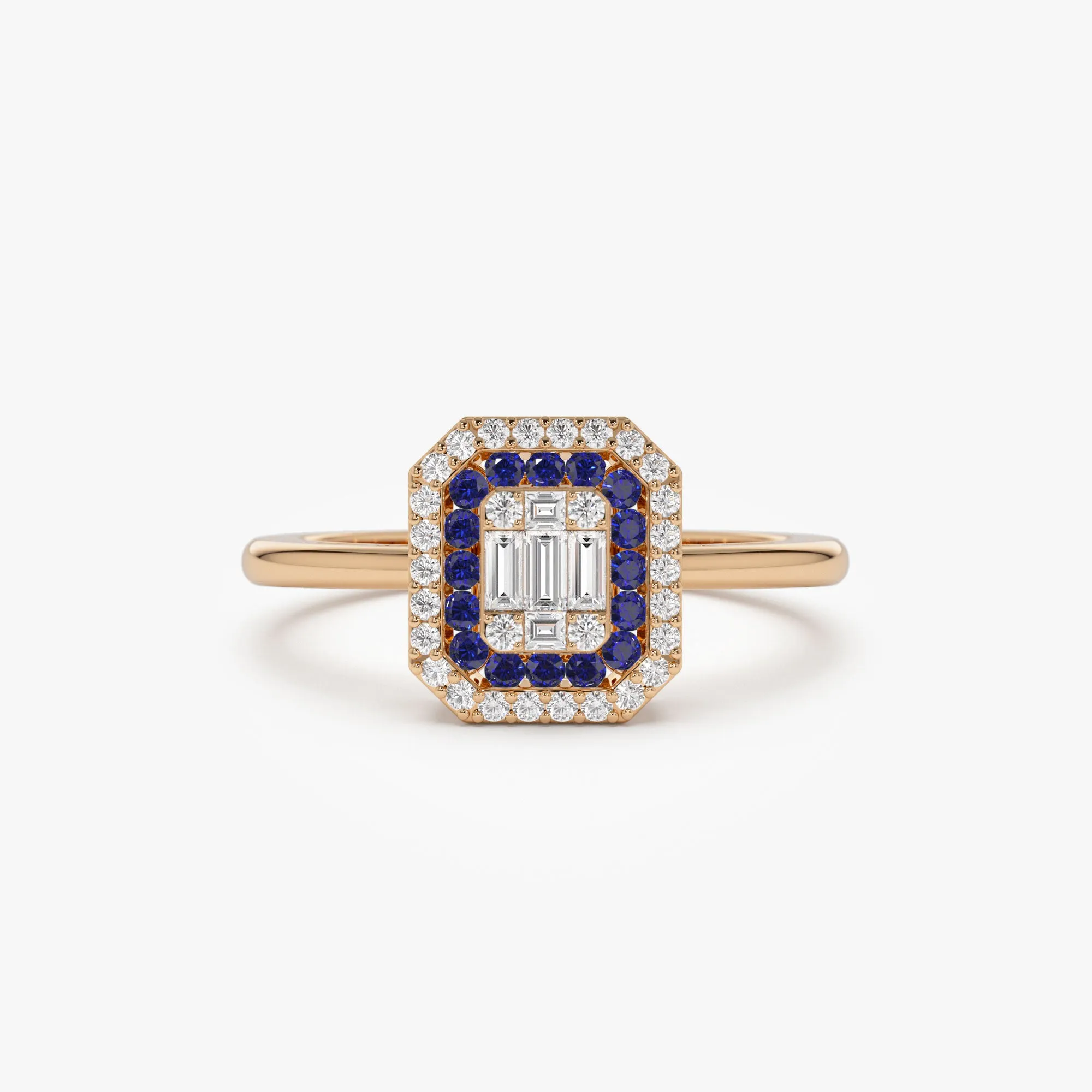 14k Baguette and Round Sapphire Ring with Halo Setting