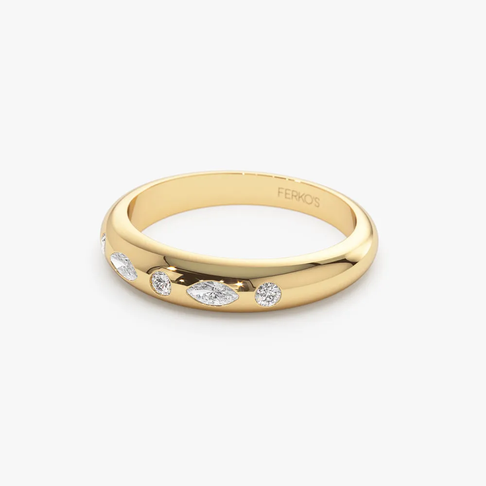 14k Dome Marquise and Round Diamonds Flush Setting Ring