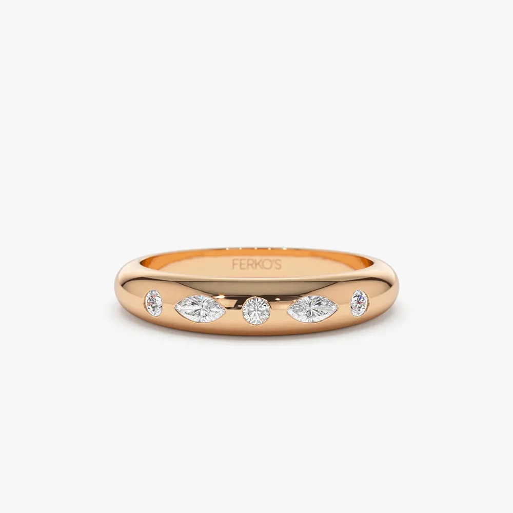 14k Dome Marquise and Round Diamonds Flush Setting Ring