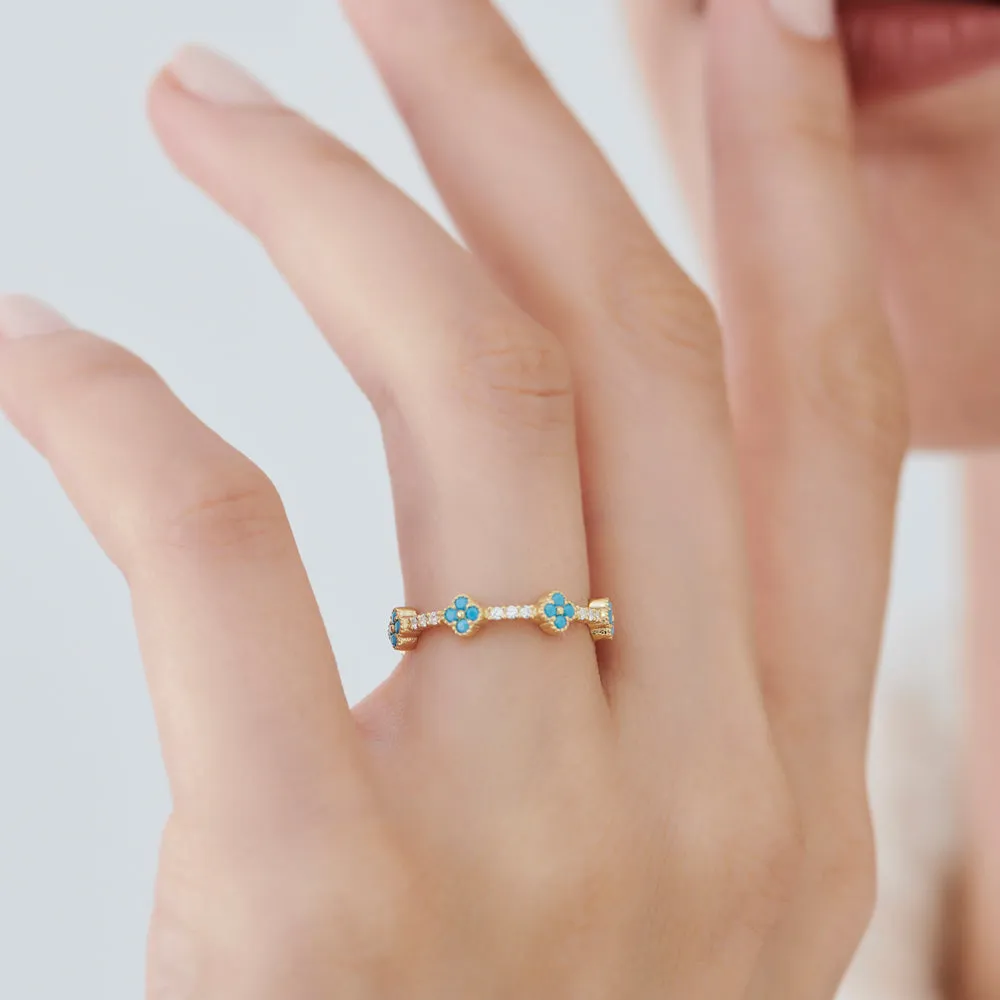 14k Full Eternity Clover Turquoise and Diamond Ring