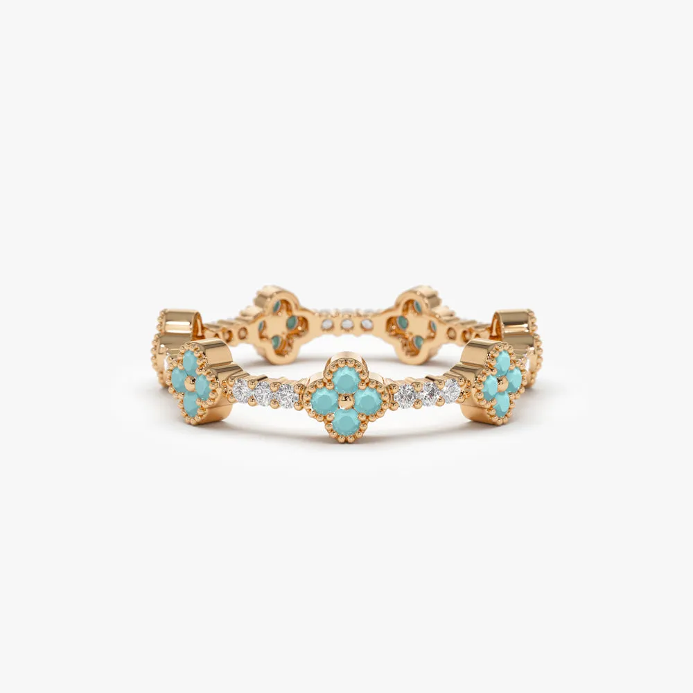 14k Full Eternity Clover Turquoise and Diamond Ring