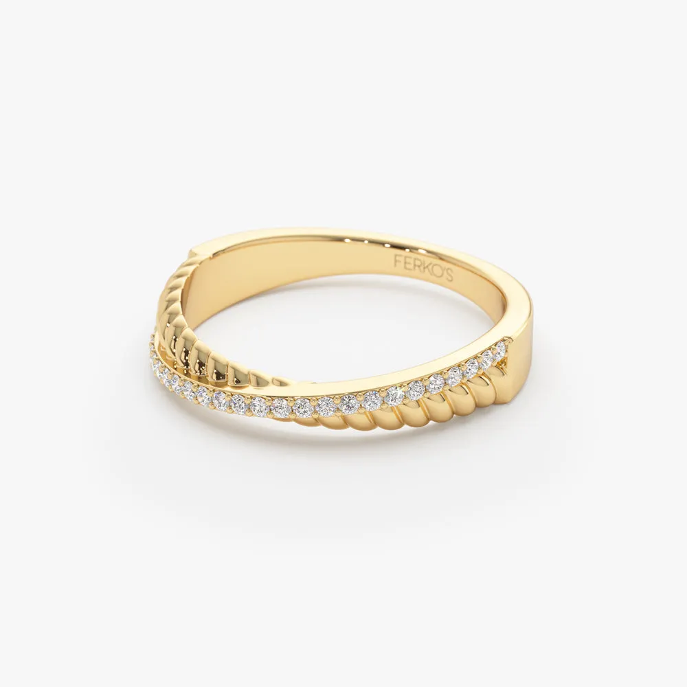 14k Gold Micro Pave Diamond Twisted Rope Criss Cross Ring