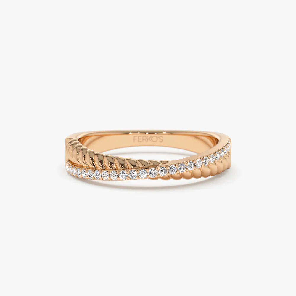 14k Gold Micro Pave Diamond Twisted Rope Criss Cross Ring