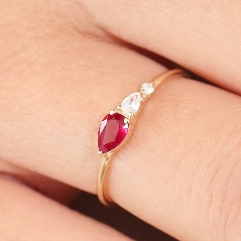 14K Gold Pear Shape Natural Ruby with Pear Shape Diamond Ring