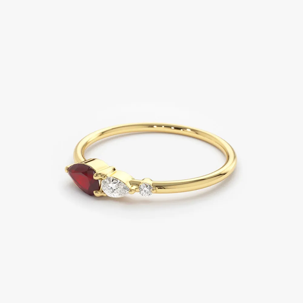 14K Gold Pear Shape Natural Ruby with Pear Shape Diamond Ring