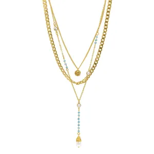 14k Gold Plated Freshwater Pearl and Turquoise Beaded Layered Necklace