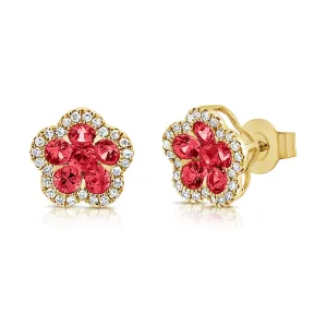 14K Gold Ruby & Diamond Flower Stud Earrings