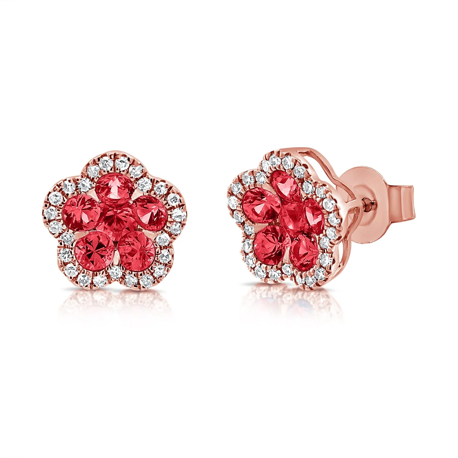 14K Gold Ruby & Diamond Flower Stud Earrings