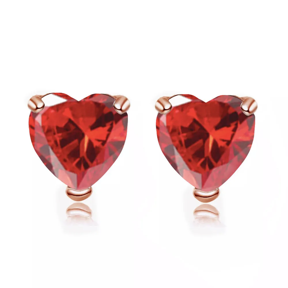 14k Rose Gold Plated 2 Carat Heart Created Ruby Stud Earrings