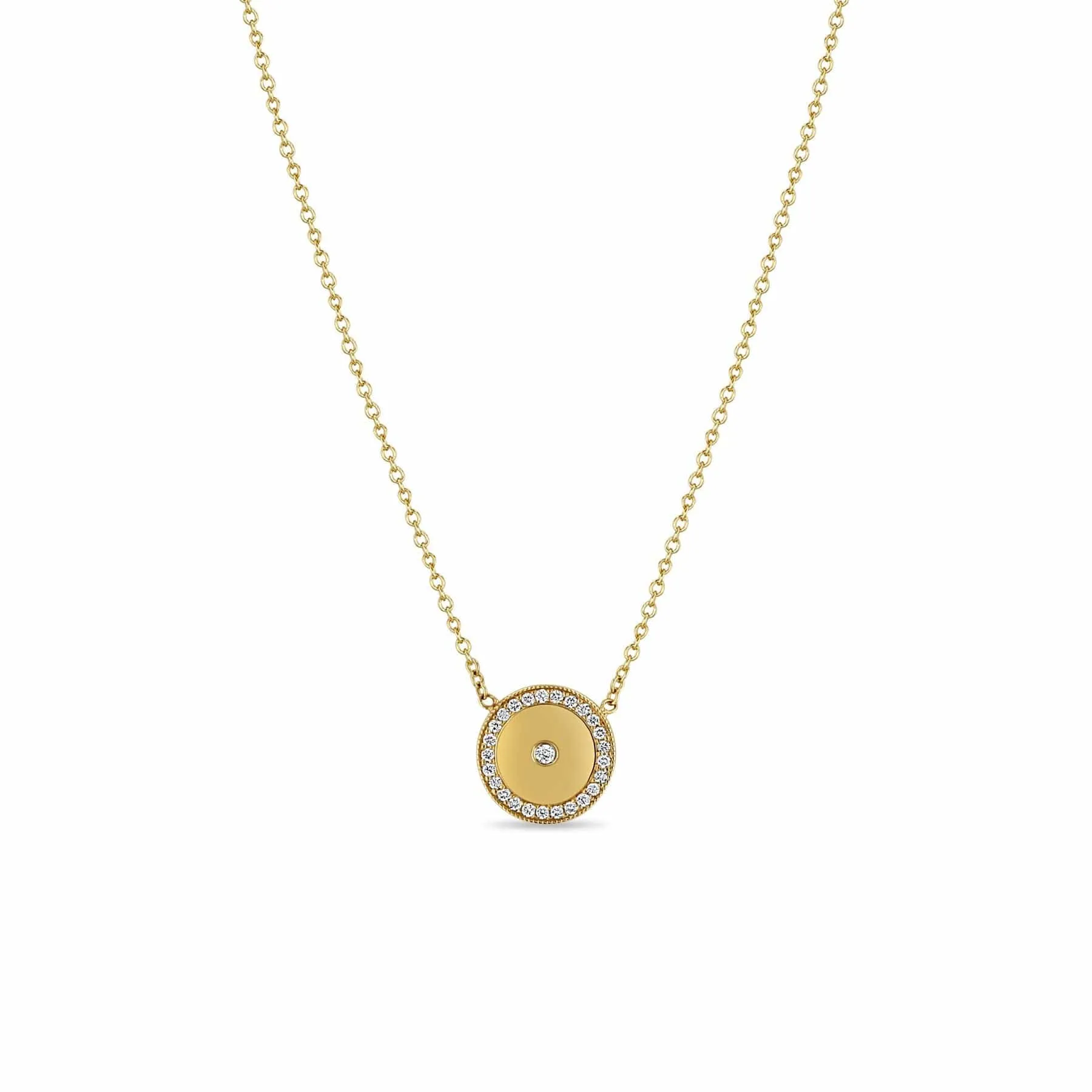 14k Small Diamond Disc with Diamond Border Necklace