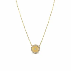 14k Small Diamond Disc with Diamond Border Necklace