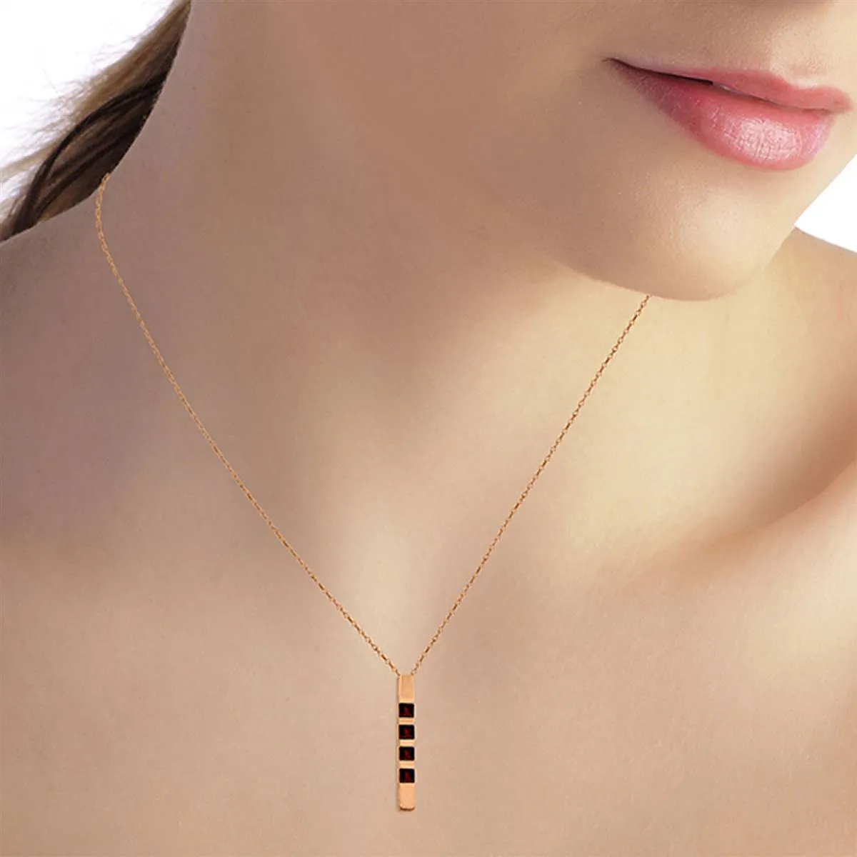 14K Solid Rose Gold Necklace Bar w/ Natural Garnets