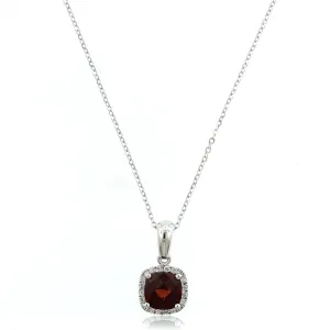 14K White Gold Cushion Garnet Diamond Halo Necklace