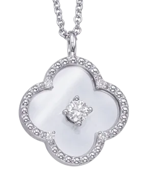 14K White Gold Diamond Clover Crystal Medallion Necklace