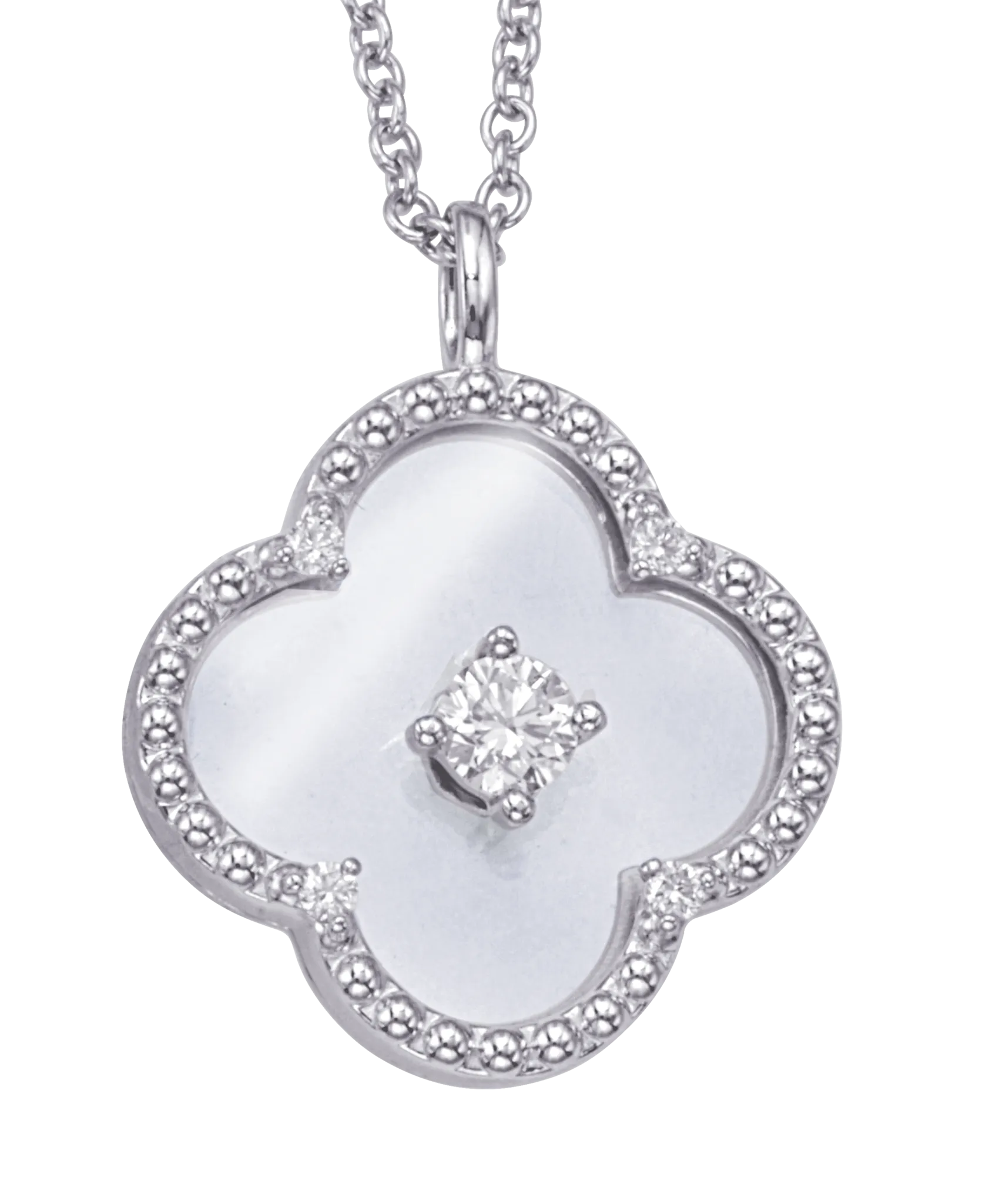 14K White Gold Diamond Clover Crystal Medallion Necklace