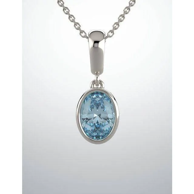 14k White Gold Genuine Oval Aquamarine Pendant Necklace