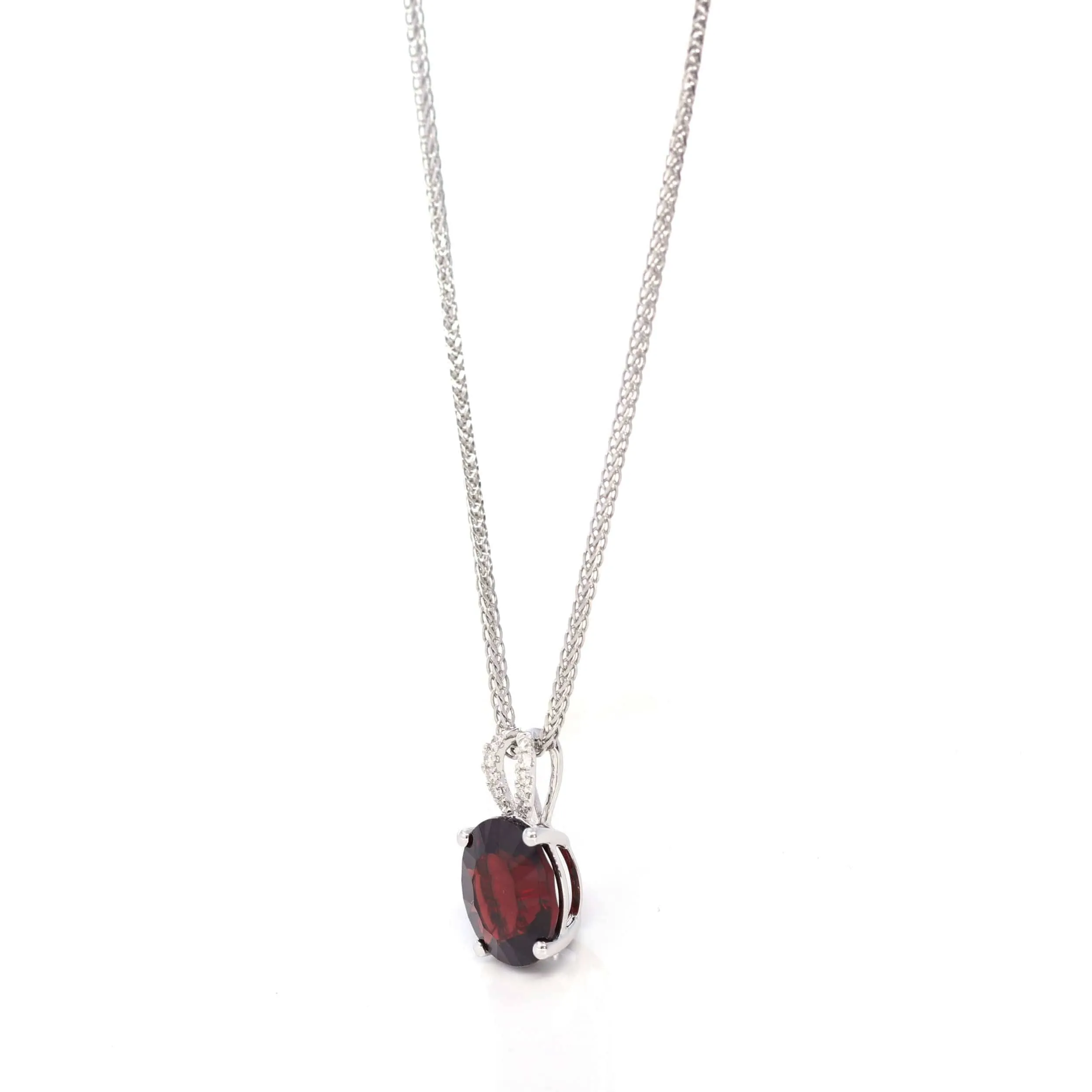 14k White Gold Natural Garnet Necklace With Diamonds