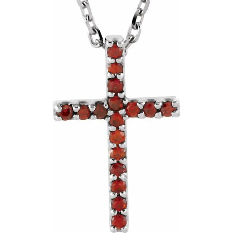 14K White Natural Mozambique Garnet Petite Cross 16" Necklace