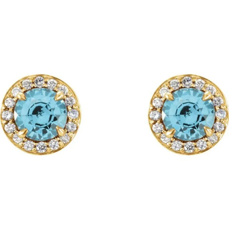 14K Yellow 3.5 mm Natural Blue Zircon & 1/8 CTW Natural Diamond Earrings