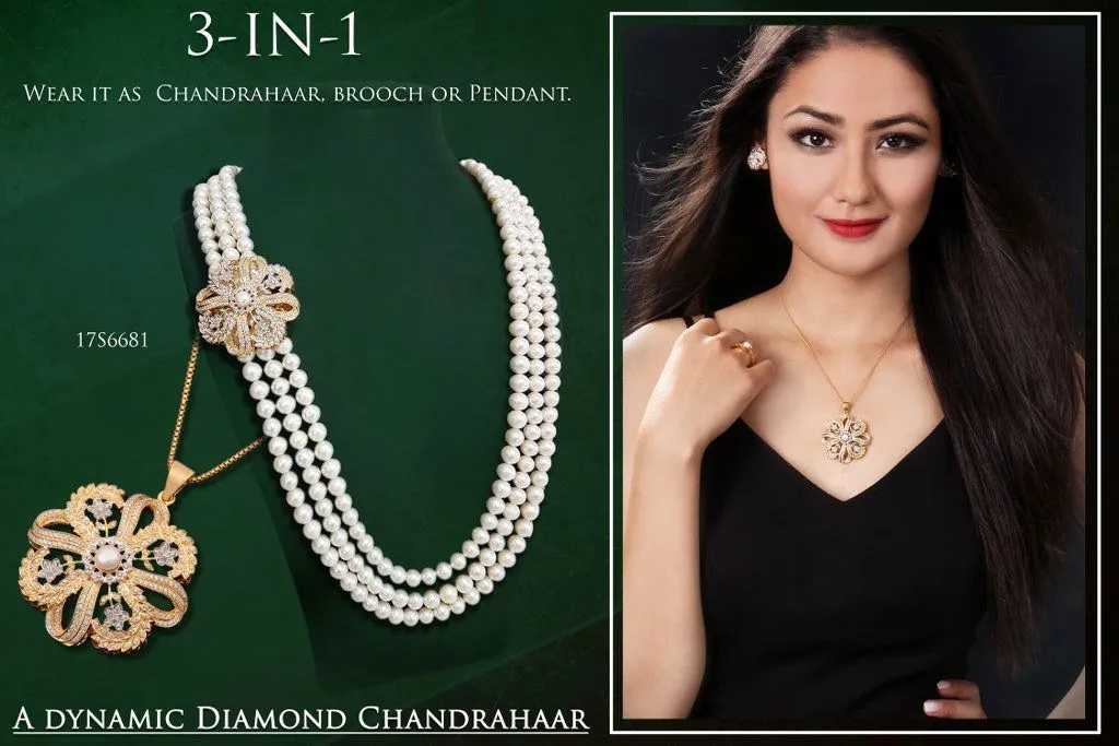 14K YG 3 in 1 Diamond Pearl Chandrahaar-1pc