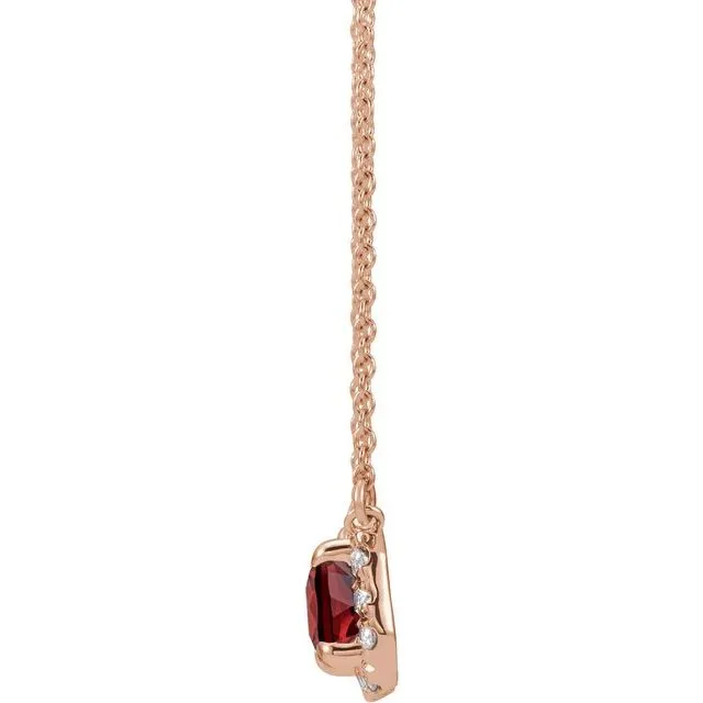 14KT GOLD 0.41 CT GARNET AND 1/8 CTW DIAMOND HALO NECKLACE