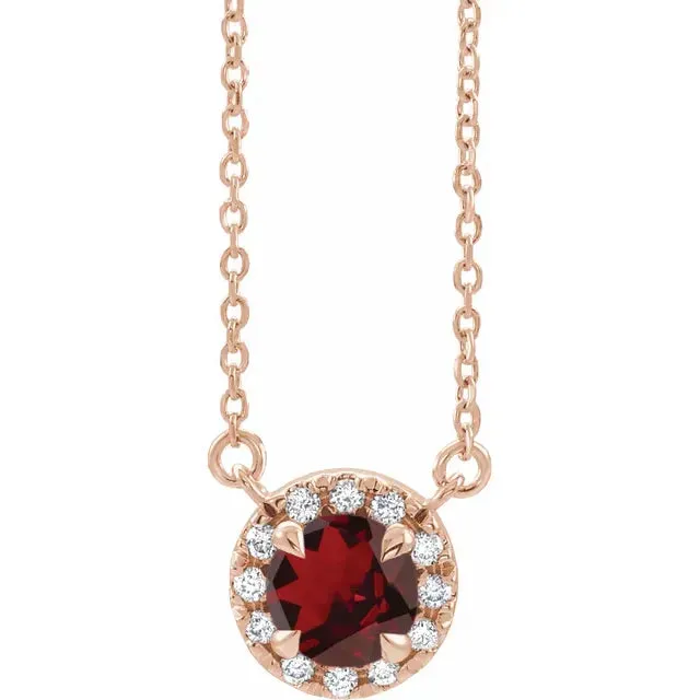 14KT GOLD 0.60 CT GARNET & 0.10 CTW DIAMOND HALO NECKLACE