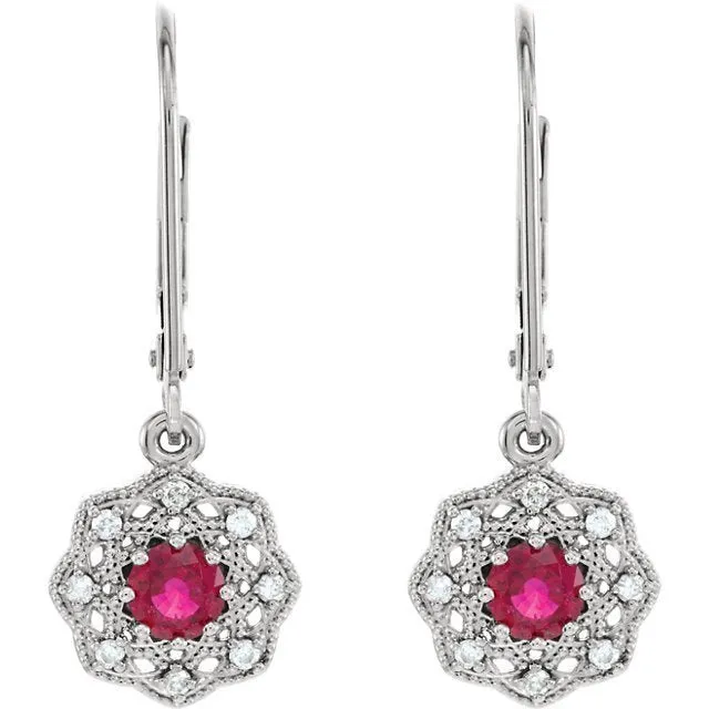 14KT GOLD 0.70 CTW RUBY & 1/8 CTW DIAMOND VINTAGE HALO EARRINGS