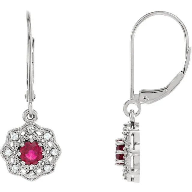 14KT GOLD 0.70 CTW RUBY & 1/8 CTW DIAMOND VINTAGE HALO EARRINGS