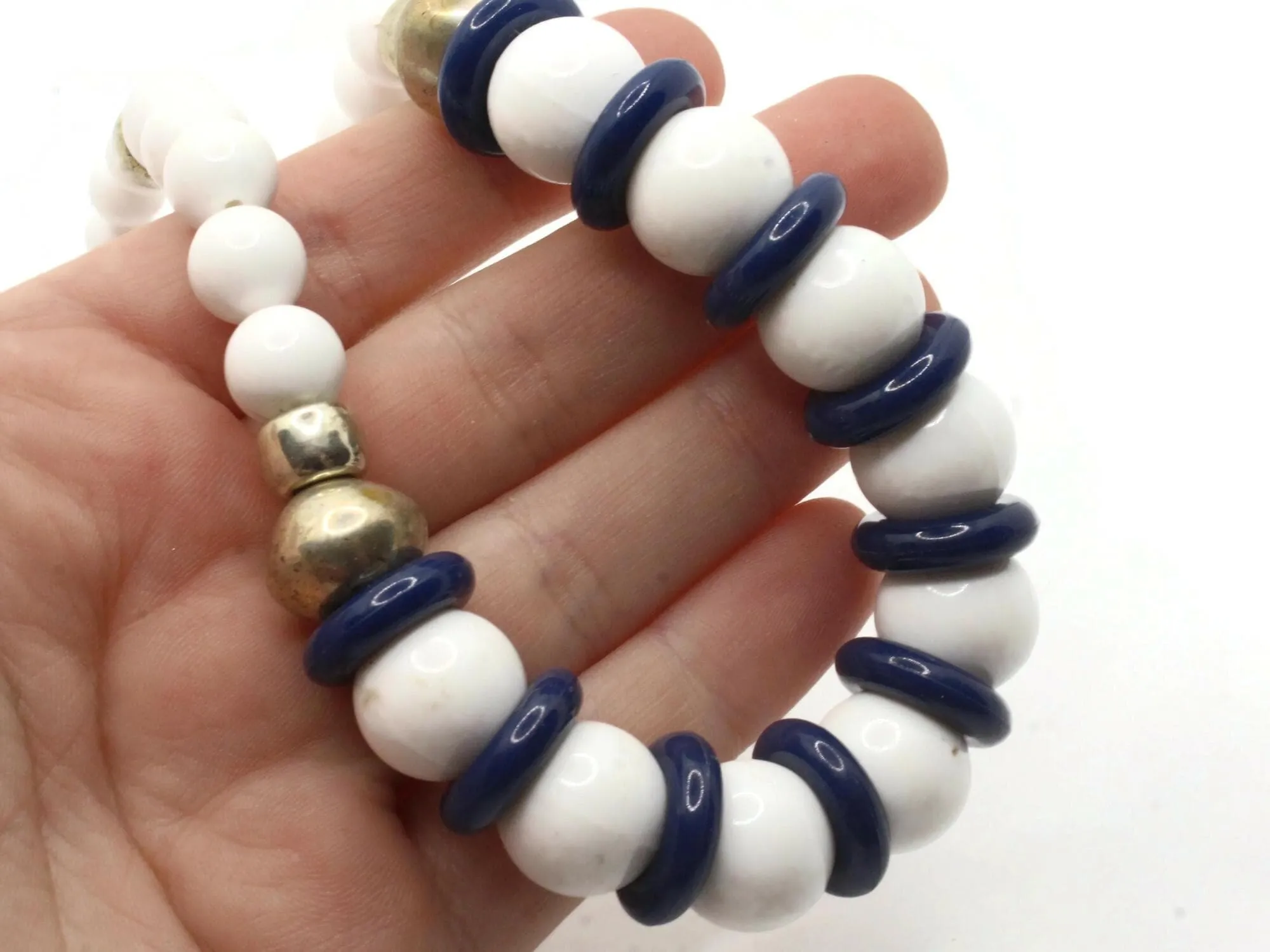 18 Inch Vintage White and Blue Beaded Necklace