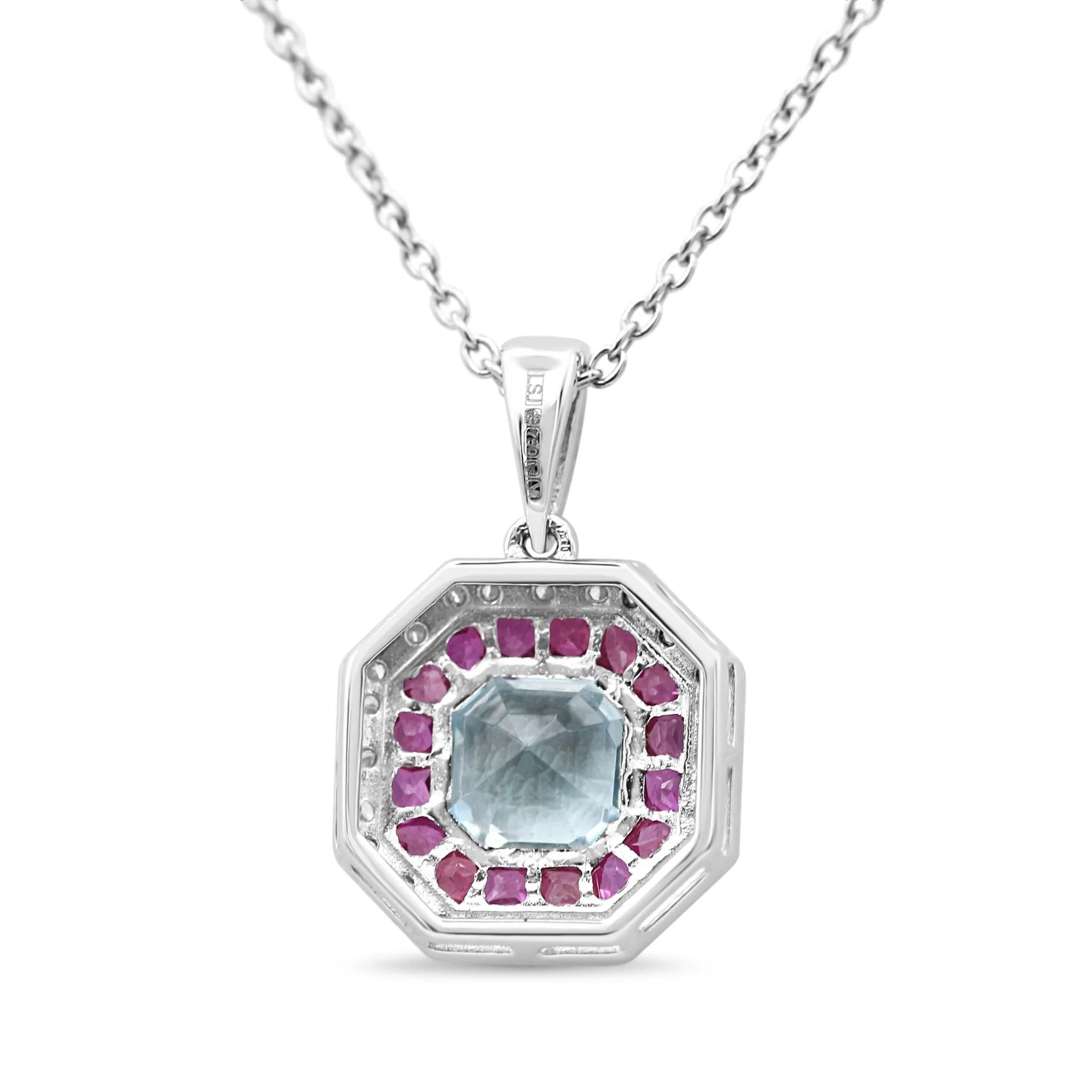 18ct White Gold Diamond, Ruby & Aquamarine Target Cluster Necklace 17"