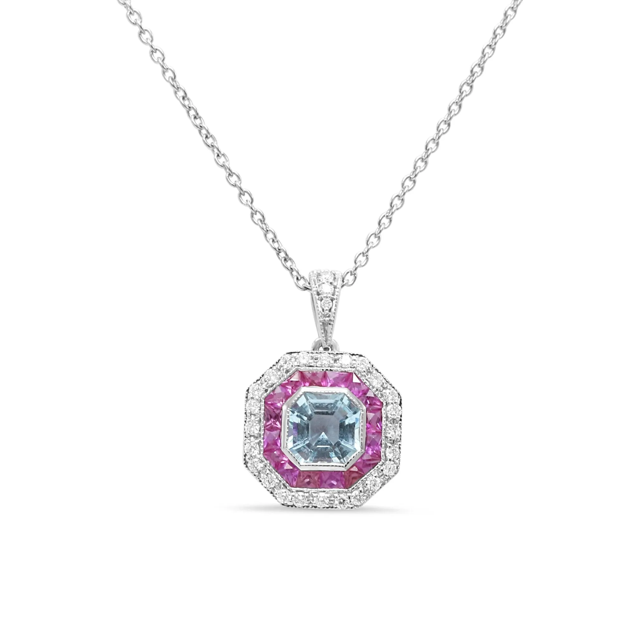 18ct White Gold Diamond, Ruby & Aquamarine Target Cluster Necklace 17"