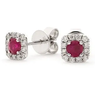 18ct White Gold Ruby & Diamond Square Halo Earrings, Fiery Elegance, 0.60ct, 6mm, Gift box included