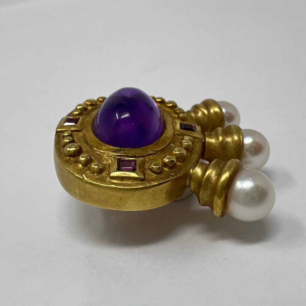 18K Gold Earclip with Amethyst, Ruby and Akoya Pearls