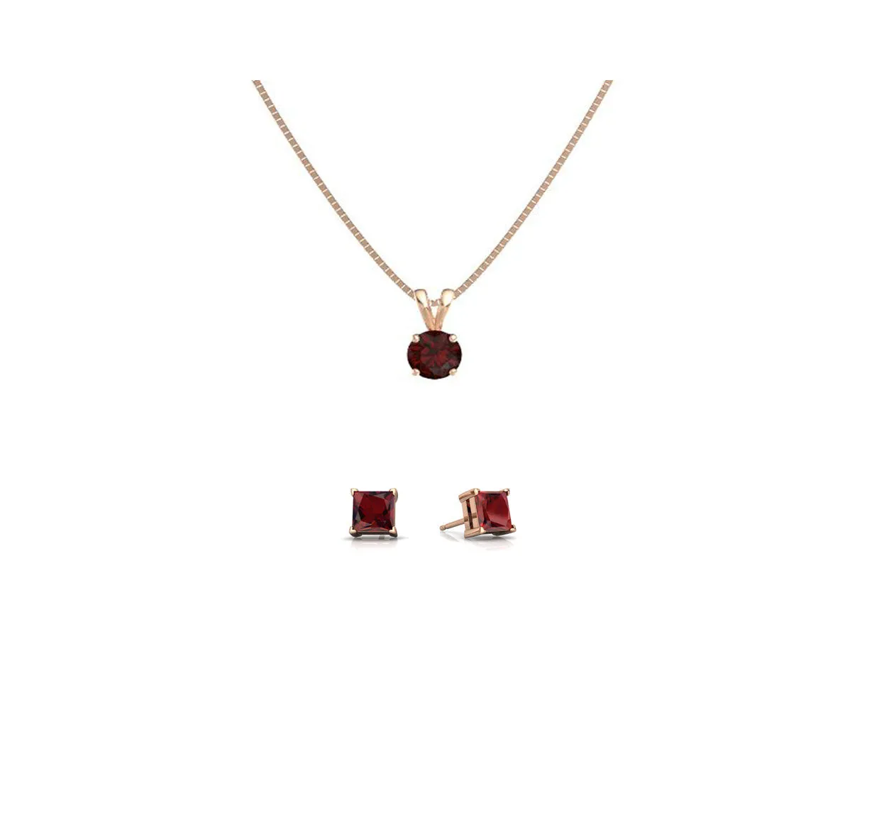 18K Rose Gold 1/2ct Garnet Round 18 Inch Necklace and Square Earrings Set Plated