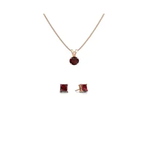 18K Rose Gold 1/2ct Garnet Round 18 Inch Necklace and Square Earrings Set Plated