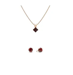 18K Rose Gold 1/2ct Garnet Square 18 Inch Necklace and Round Earrings Set Plated