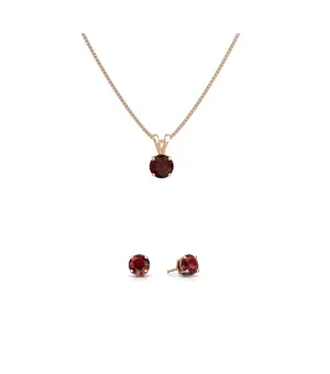 18K Rose Gold 1ct Garnet Round 18 Inch Necklace and Earrings Set Plated