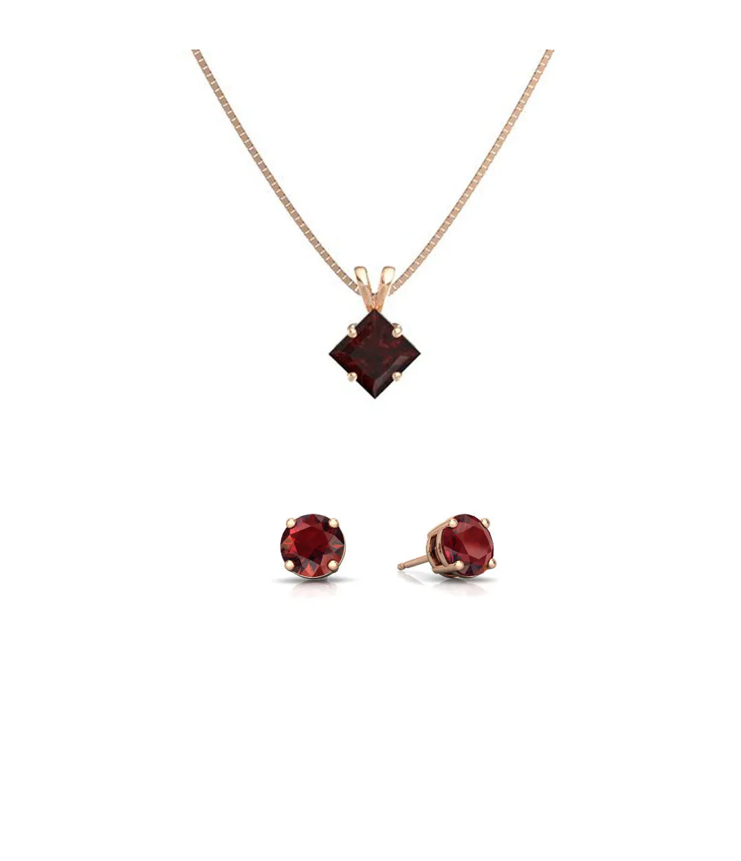 18K Rose Gold 3ct Garnet Princess Cut 18 Inch Necklace and Round Earrings Set Plated