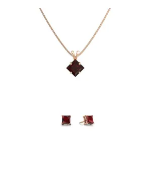 18K Rose Gold 4ct Garnet Square 18 Inch Necklace and Earrings Set Plated