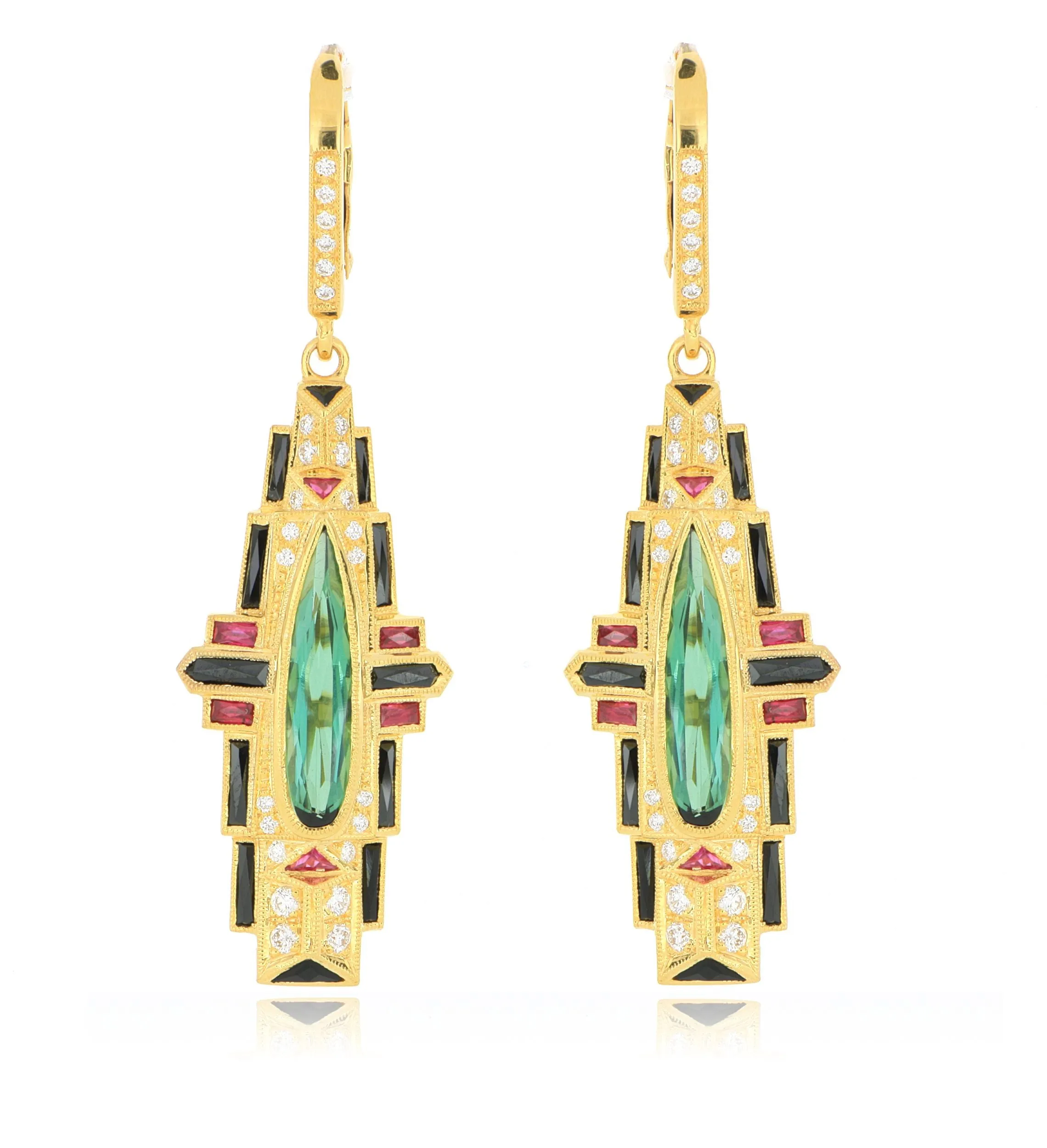 18k Yellow Gold Ruby, Onyx and Tourmaline Deco Drop Earrings