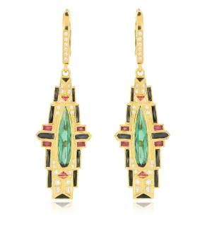 18k Yellow Gold Ruby, Onyx and Tourmaline Deco Drop Earrings